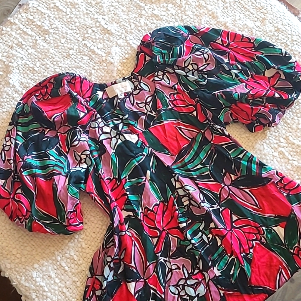 ANTHROPOLOGIE Floral Puff Sleeve Midi Pleated Dress Size Small